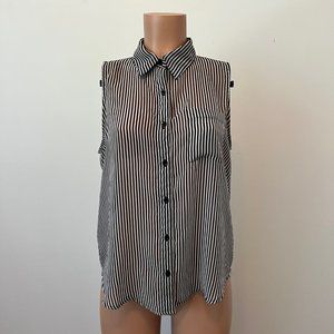 Striped Sheer Black & White Striped Sleeveless Button Down Blouse - Small